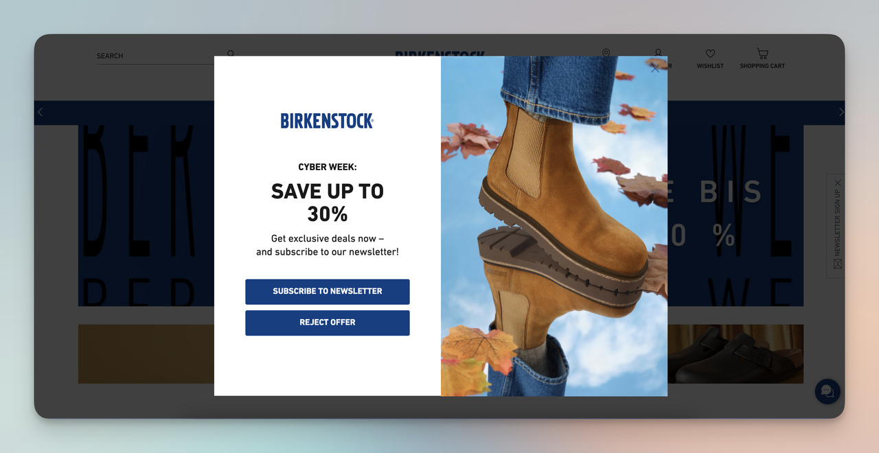 birkenstock website personalized popup example with a discount offer