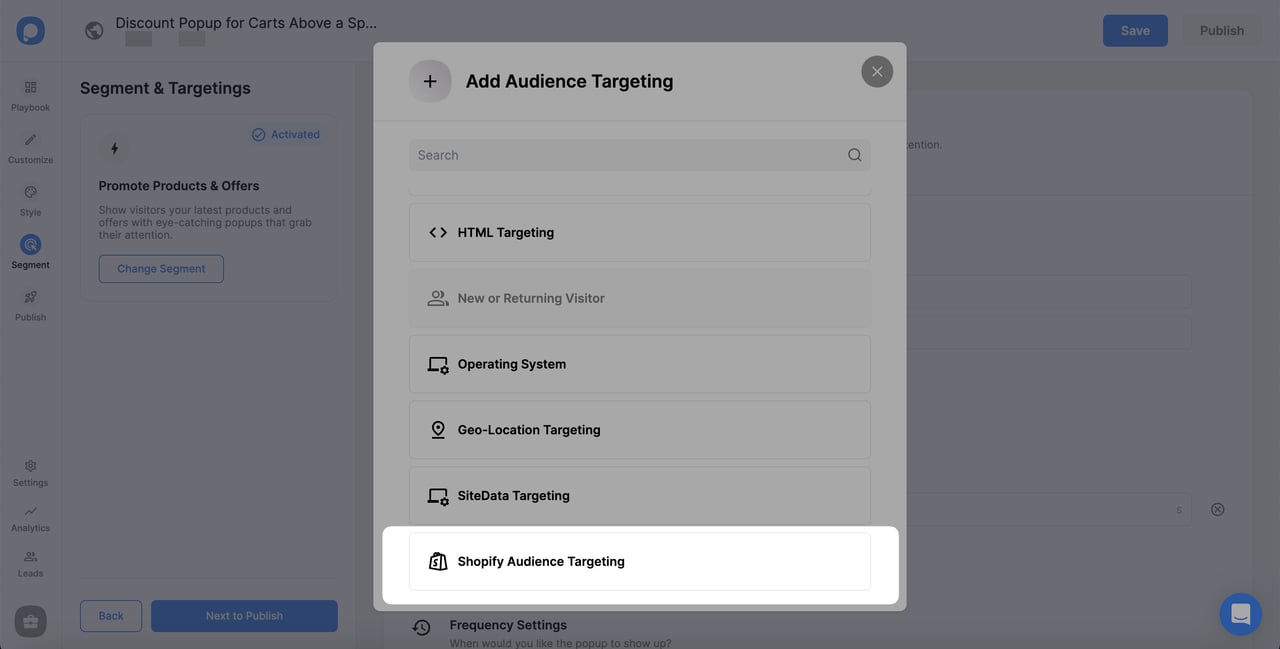 choosing shopify audience targeting on audience targeting list