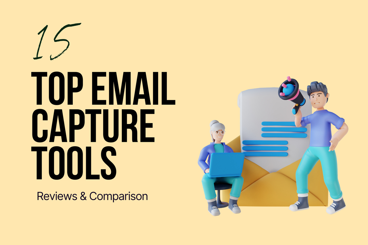 a blog post cover image with a title on the left side that says "15 Top Email Capture Tools | Reviews & Comparison" and an illustration of a girl and a boy sitting next to a big email sign