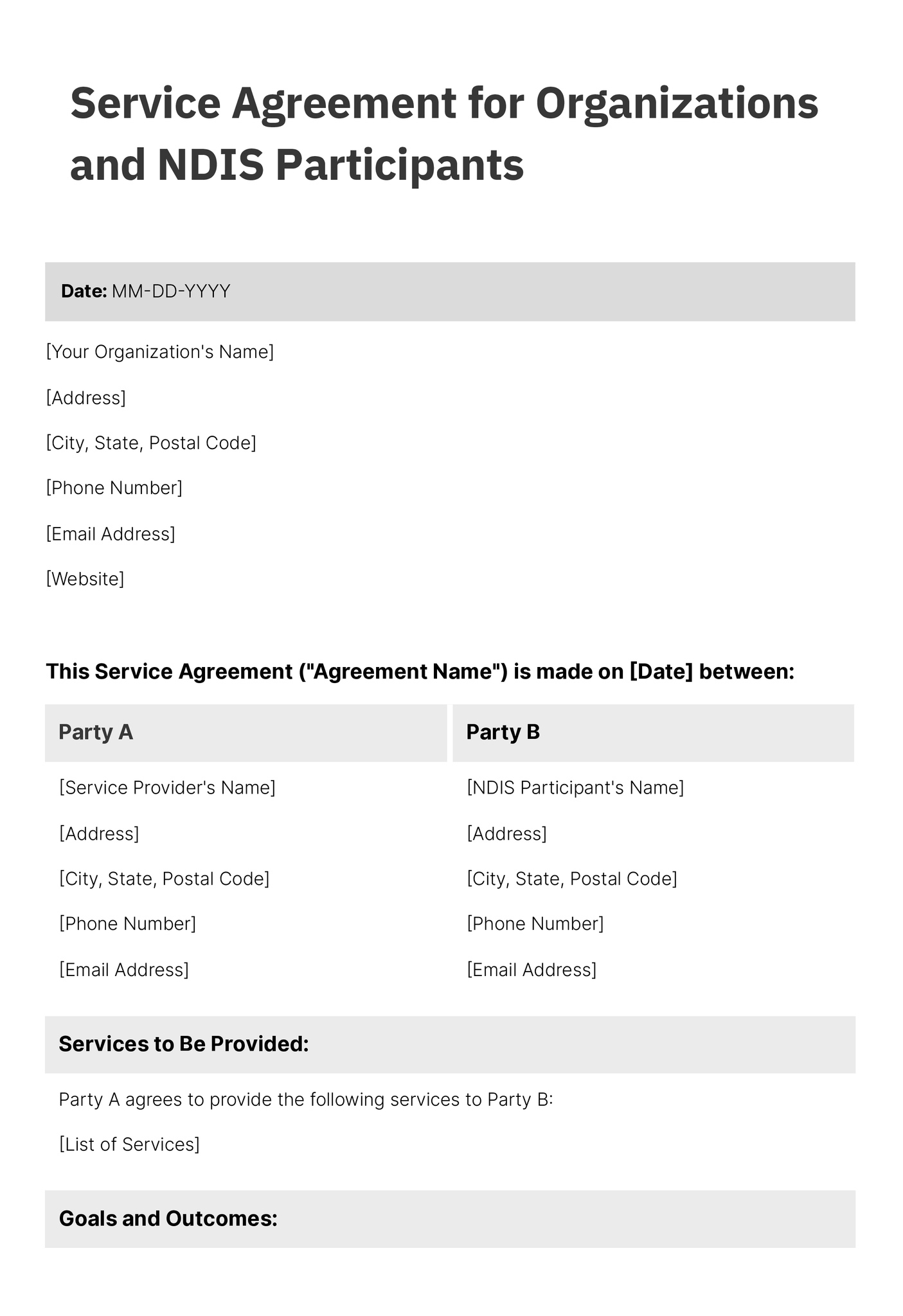 first page of service agreement template for organizations and NDIS participants