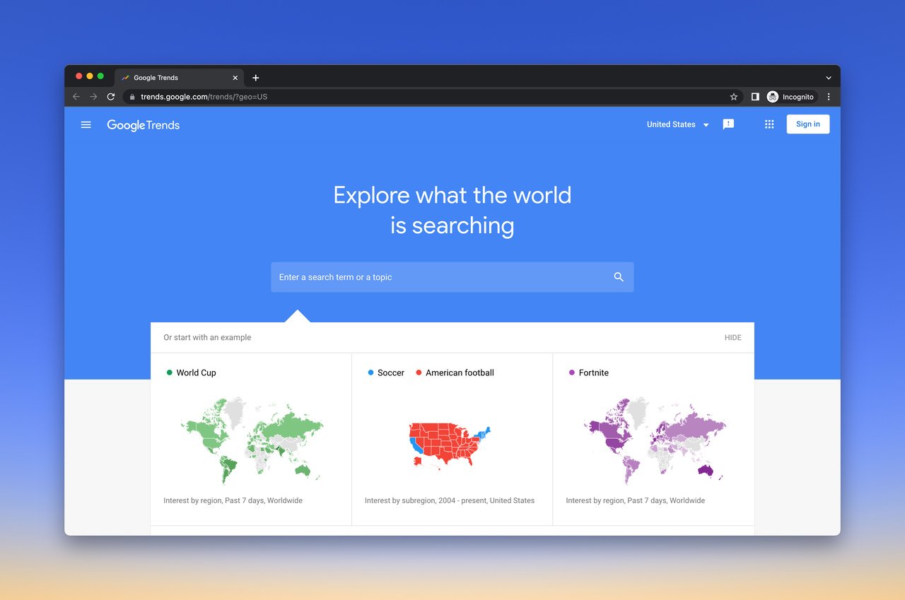 Google Trends free keyword research tool homepagewith the title that says "Explore what the world is searching"
