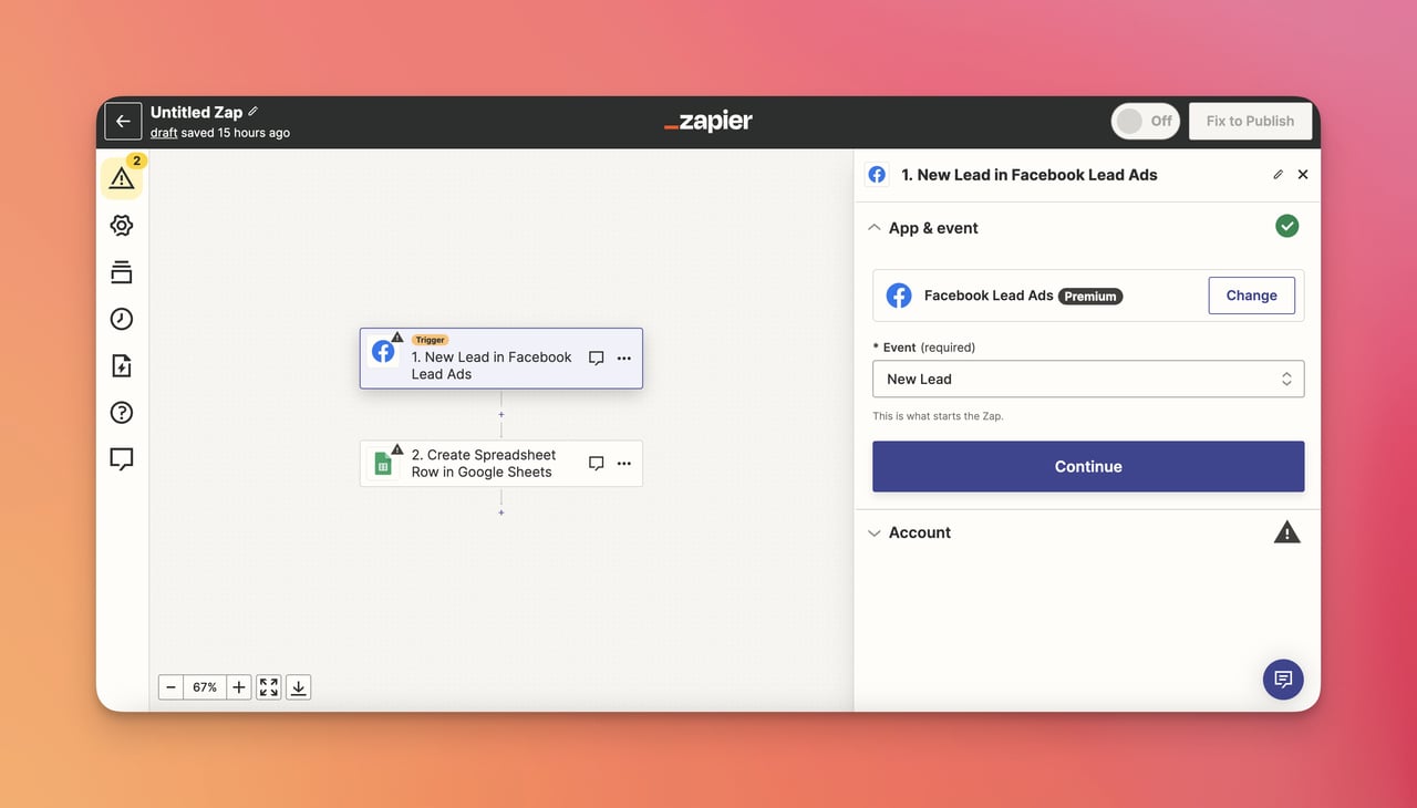 selecting event for Facebook Ad Leads on Zapier