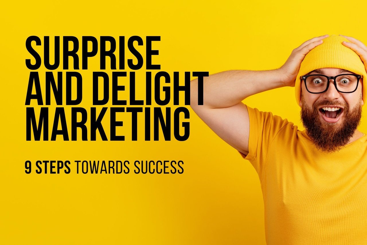 surprise and delight marketing cover image featuring a surprised man with glasses, beard and a yellow beanie wearing a yellow tshirt