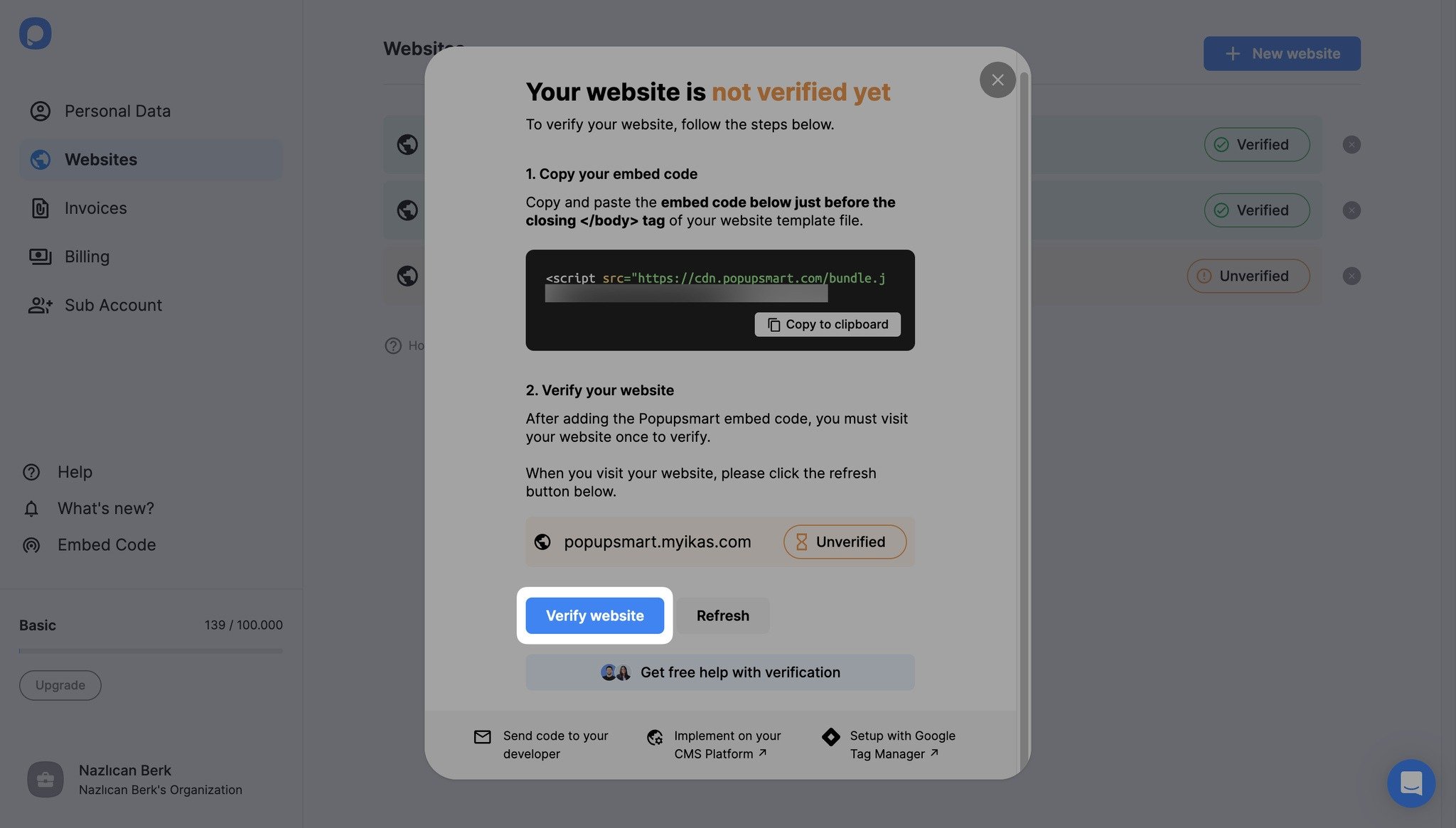 verify website button