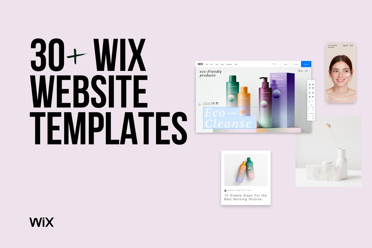 a cover image with a title that says "30+  Wix Website Templates" with pictures of different templates on the right side and a Wix logo