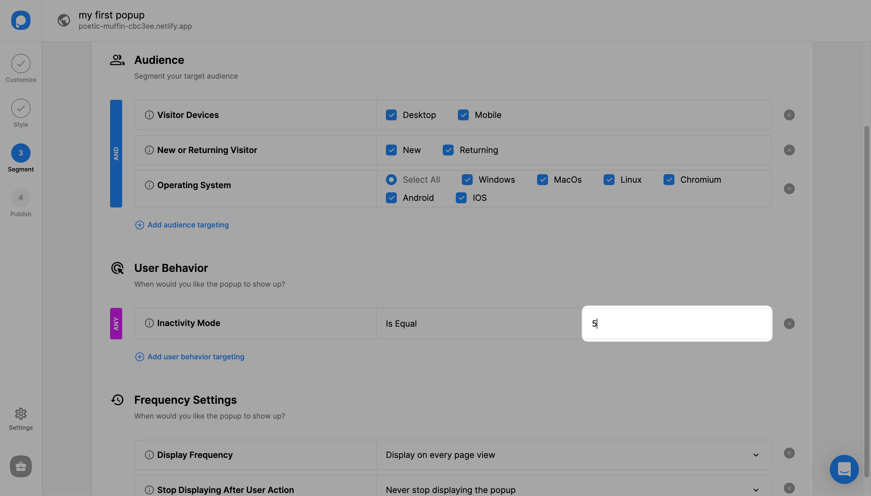 inactivity time input field