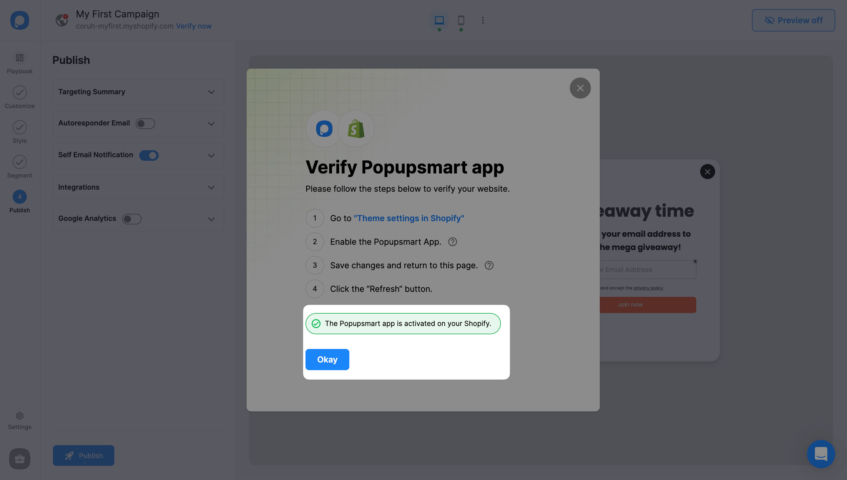 Shopify verify Popupsmart app click refresh button after verified