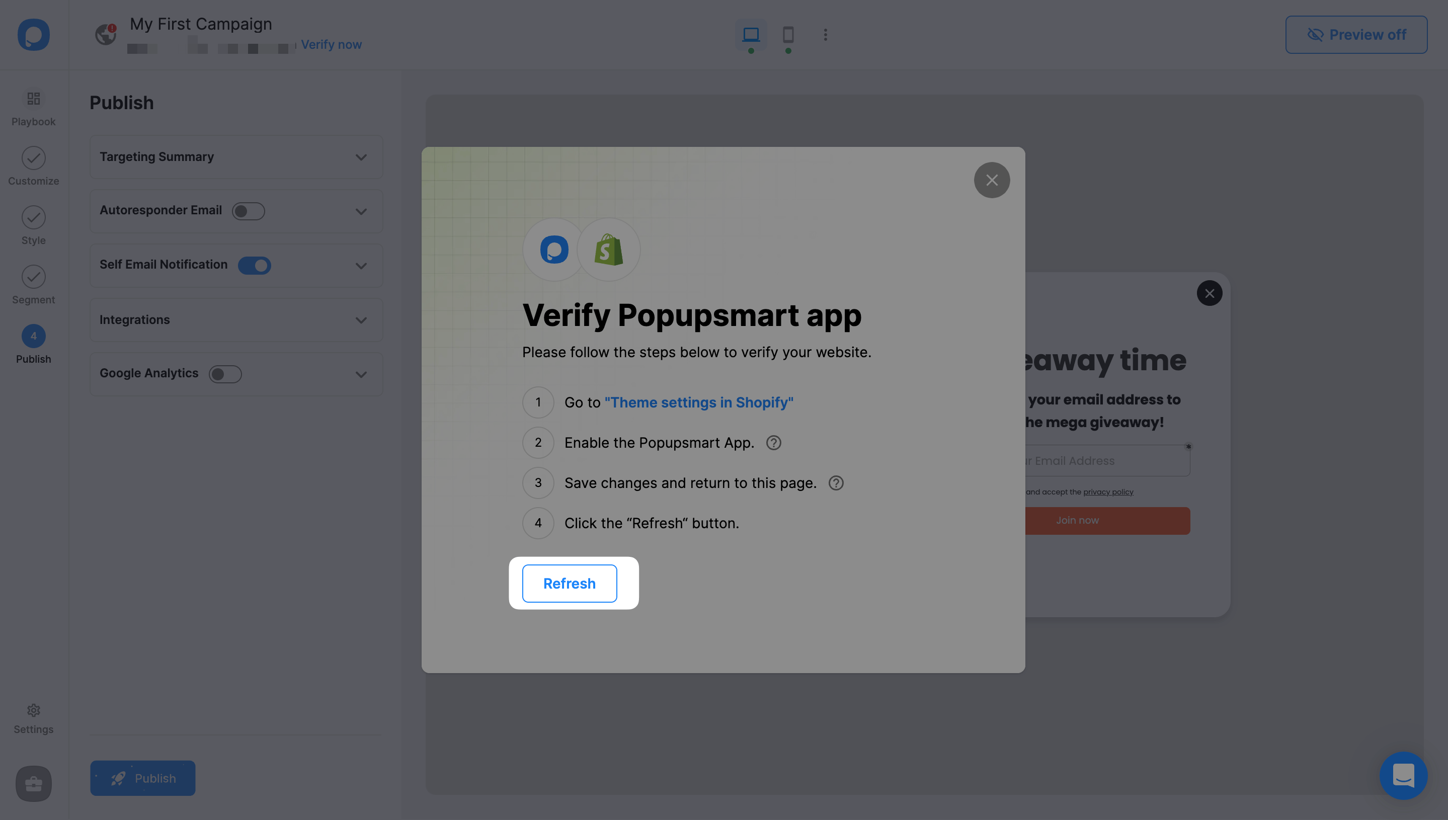 Shopify verify Popupsmart app click refresh button