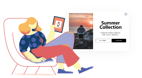 a girl sitting and looking at a watch from her ipad summer collection popup design by popupsmart